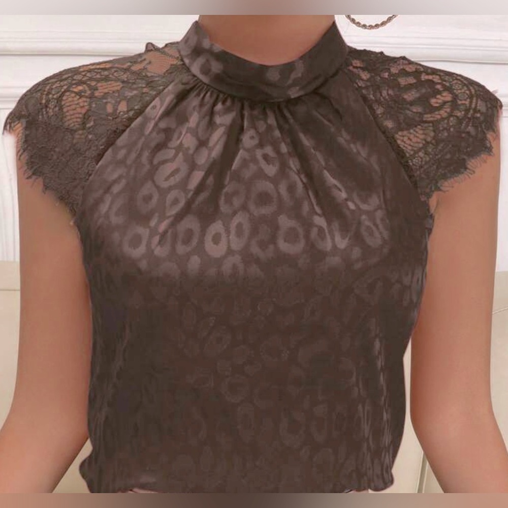 Leopard Jacquard contrast lace mock neck keyhole, back satin blouse, brown small